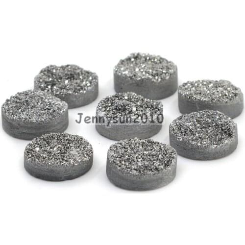 14mm Metallic Silver (No Hole) Druzy Quartz Ag-ate Flat Back Connector Round Cabochon Beads Jewelry 10 Pcs /Pack