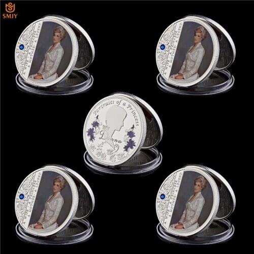 5Pcs/Lot British Portrait Of Queen Diana Silver Plated World Celebrity Final Rose Metal Commemorative Coin Collection Gift