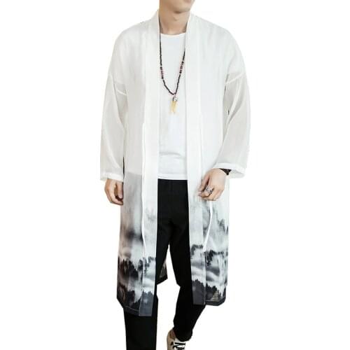 White Men Long Jacket 2021 Summer Man Tops Chiffon Gown Loose Comfortable Sunscreen Mens long Coat Large Size s-5xl