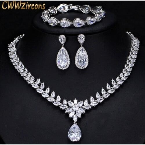 CWWZircons Elegant Women Wedding Jewellery African CZ Crystal Leaf Drop Bridal Necklace Bracelet and Earrings Jewelry Sets T294