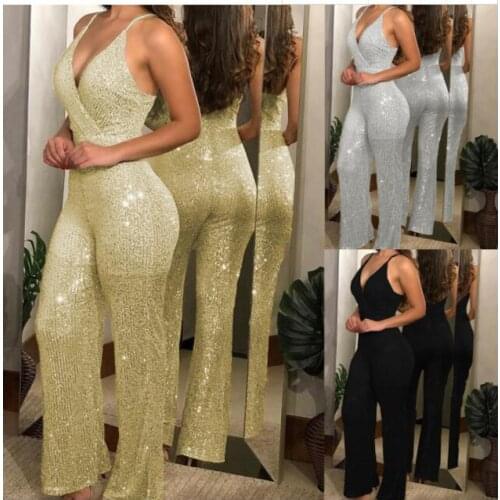 Elegant Sexy Jumpsuits Women Sleeveless Sequin Glitter Shiny Trousers Wide Leg Pants Rompers Backless Belt Bodysuit Playsuit