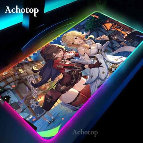 Genshin Impact LED Light Gaming Mouse Pad RGB Large Keyboard Rubber Base PC Gamer Computer Carpet Desk Mat PC Game Mouse Pad
