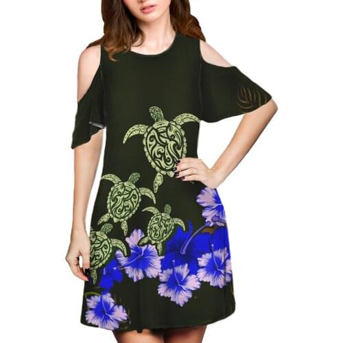 Hycool Classic Traditional Tribal Sea Turtle Design Women Half Shoulder Beach Dress Stylish WomanS New Summer Casual Midi Dress