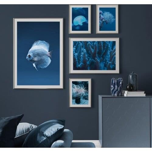 Marine Life Nordic Posters And Prints Sea Coral Jellyfish Fish Canvas Painting Wall Art Blue Series Pictures Living Room Decor