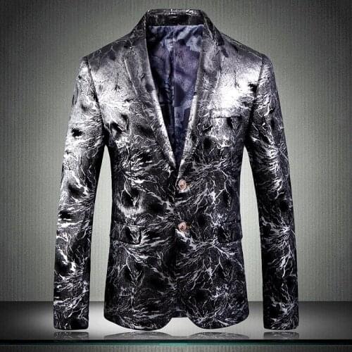Mens Suit Long Sleeve Suit Jacket Fashion Show Famous Local Tyrant Silver Men Slim Blazer Jacket Casual Party Two Button Coat