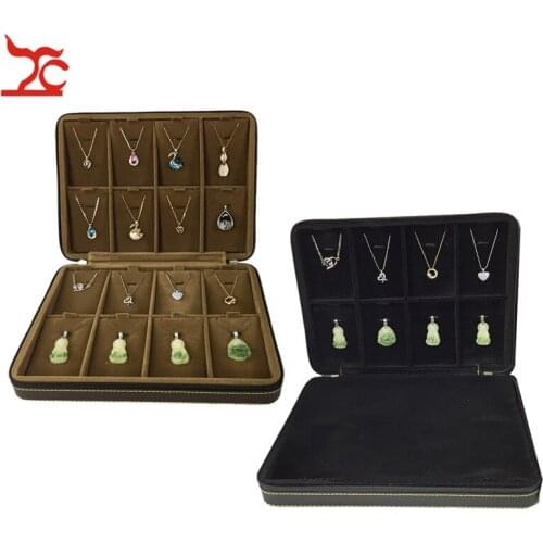 New Leather Pendant Jewelry Display Case 16 Grids Necklace Exhibition Organzier Storage Travel Zipper Box