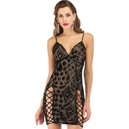 New Womens Sexy Sequins Mini V-neck Lace Backless Strap Elastic Hollow Lace Sling Party Halloween slim dress 2020