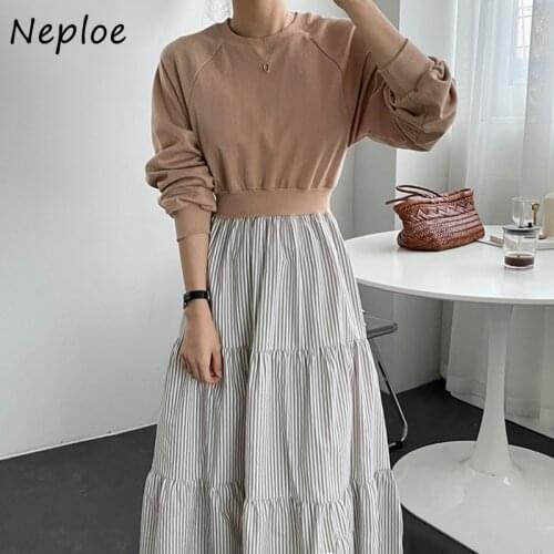 Neploe Autumn Casual Round Neck Vestidos Hedging Loose High Waist Robe Sweatshirt Stitching Striped Long Dress Women