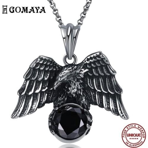 GOMAYA Stainless Steel Punk Style Necklace For Men Black Zircon Eagle Shape Unisex Necklaces Fashion Jewelry Party New Arrival