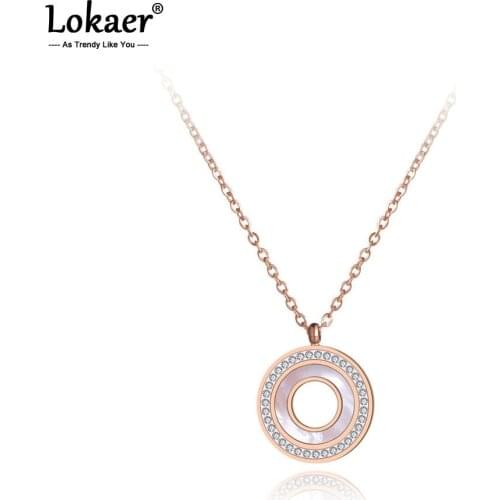 Lokaer Titanium Steel Shell Circle Charm Pendant Necklaces Jewelry Rose Gold CZ Crystal Choker Wedding Necklace For Women N19092