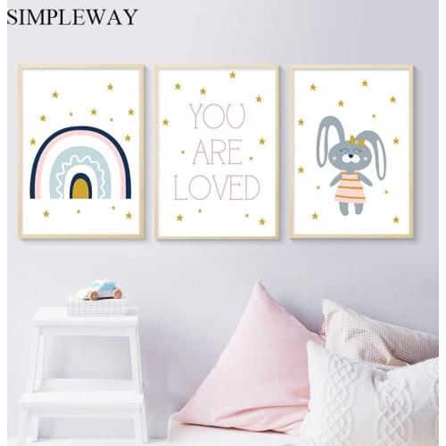 Bunny Rainbow Canvas Child Poster Nursery Quotes Wall Art Print Painting Decorative Picture Baby Kid Bedroom Decor You Are Loved
