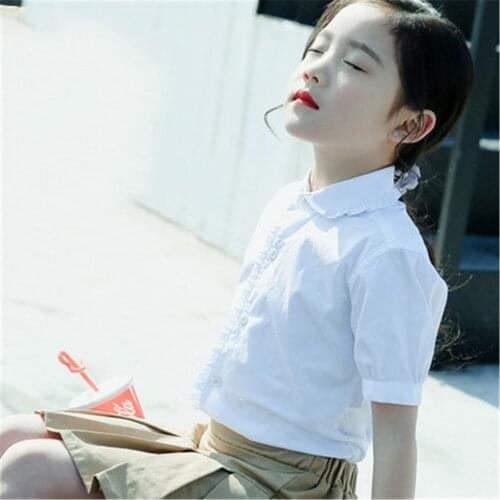 Girls Short Sleeve Peter Pan Collar Uniform Shirts 10 12 years Teenage Girls White Cotton School Blouse Summer Kids Tops AA5310