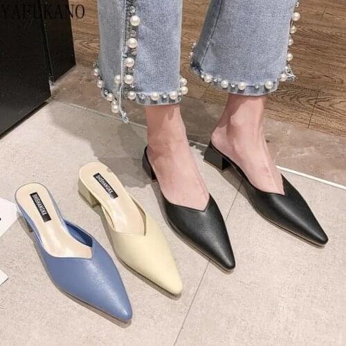 Fashion Square Heel Women Slippers Summer Slippers Slip On 5 Cm Mid-Heel High Heels Pointed Retro Muller Shoes Female Sandals