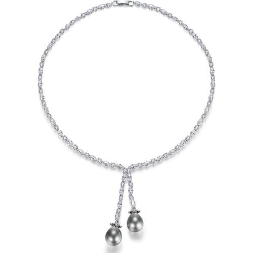 Uxury AAA Zircon Shell Shape Flower Long Charm Necklace ith Grey Pearl Tassel Crystal Sweater Chain Women Wedding Party Jewelry