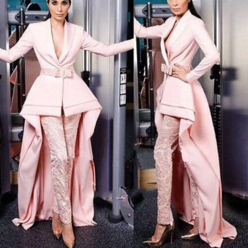 Blush Pink Long Sleeve Evening Jumpsuit With Train 2021 Lace Stain V-neck Arabic Occasion Prom Jacket Pant Suit Plus Size