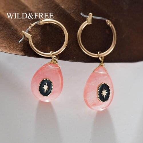 Wild & Free Vintage Natural Stone Earrings Hoops Waterdrop Pink Stone With Star Pendant Hoop Earrings For Women Wedding Jewelry