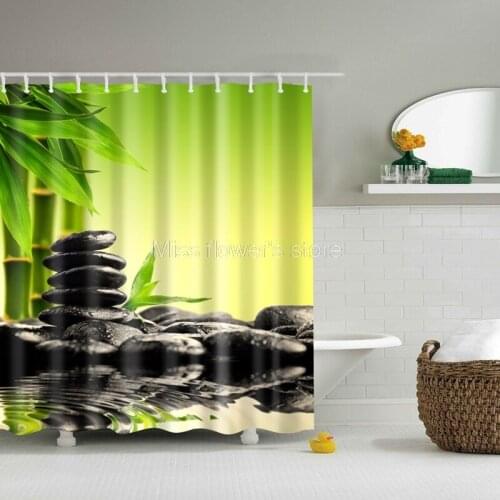 Green Bamboo Black Stone Design Custom Shower Curtain Bathroom Waterproof Mildewproof Polyester Fabric With 12 Hooks
