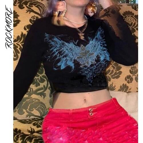 Rockmore Vintage Print Crop Top Goth Ribbed Knit T-Shirt Women Aesthetic Long Sleeve Graphic Tees Retro Slim T Shirts Grunge