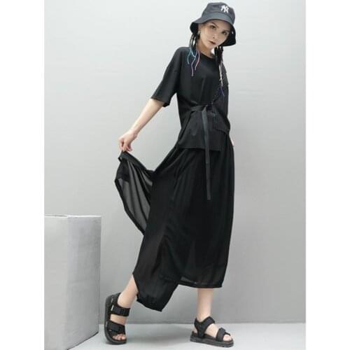 Womens summer thin legs asymmetrical chiffon spliced fake two-piece skirt set solid color irregular skirt type elastic waist