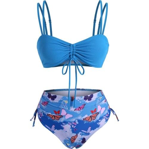 Wipalo Blue Cinched Ribbed Butterfly Print High Waisted Bikini Swimwear 2021 Fashion Bikinis Set Women Padded Sexy Bathing Suits