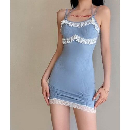 Women lace mini dress sexy spaghetti strap sleeveless bodycon dresses light blue strapless Lolita y2k dress vestido feminino