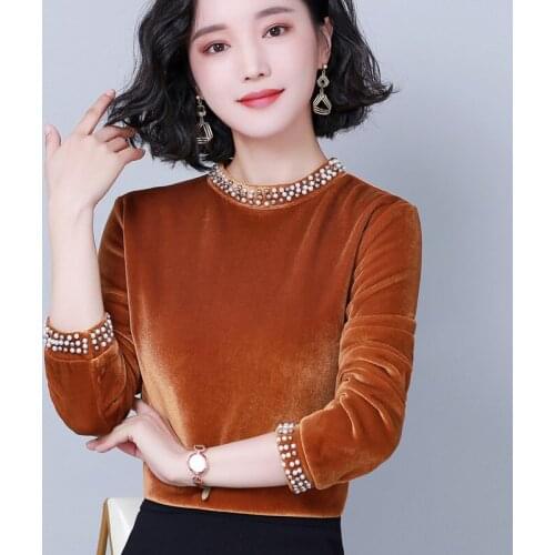 Winter Fall Womens Clothes , Woman Pearls Beading Thick Warm Black Purple Velour T Shirt Top , Korean Women Velvet Tops Shirts