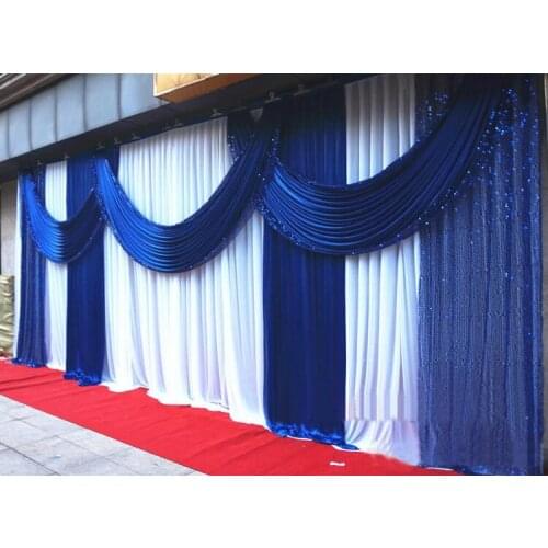 3*6m (10ft*20ft) royal blue backdrop church Stage Curtain with Sequin Swags Ice Silk Wedding Party Stage Decoration