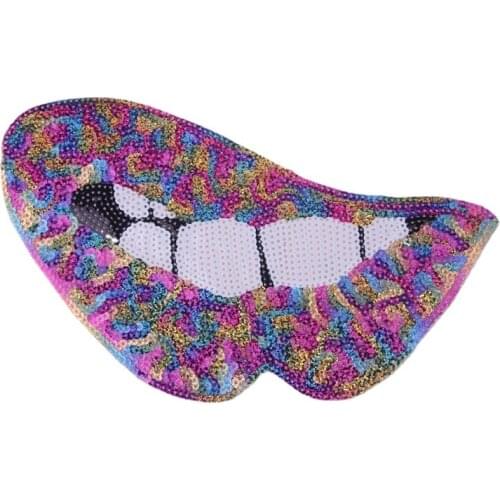 Shiny Sequins Patch Sexy Rainbow Lip Patch Iron On Stickers Beautiful Mouth Patch Cartoon Handmade Large Applique For Clothes
