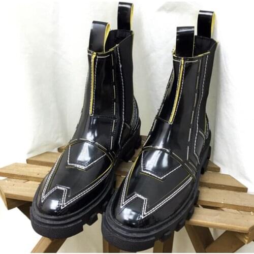 Black Patent Leather Platform Chelsea Boots Slip On Shoes Women Ankle Boots Punk Autumn Winter Shoes Waterproof Botte Femme