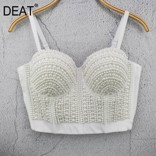 DEAT 2021 Summer New Fashion Tide Sexy Slash Neck Backless Solid Rhinestone Hollow Out Pearl Bead Slim Short Vest Women SB680