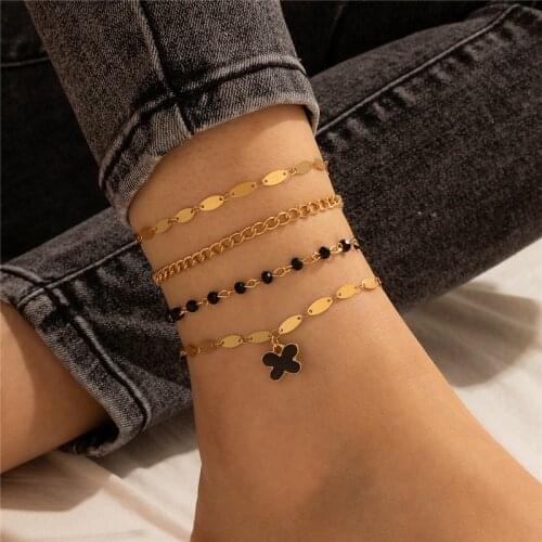 HI MAN 4 Pcs/Set Hip-Hop Rock Mixed Acrylic Handmade Beaded Cross Anklet Women Daily All-Match Banquet Jewelry