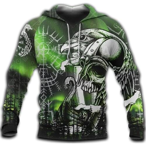 X-Safala Viking Tattoo Raven 3D All Printed Hoodie Man Women Harajuku Outwear Zipper Pullover Sweatshirt Casual Jacket