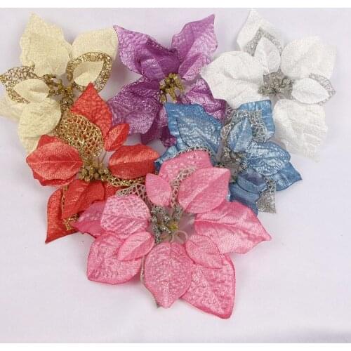 15 PCS Artificial Christmas Flowers Decorations Xmas Tree Ornaments Glitter Gold/Silver with Clips