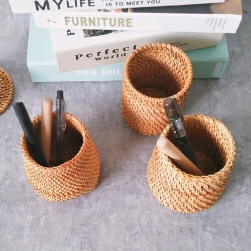 Pencil Holder Rattan Desk Pen Holder Pencil Makeup Storage Box Desktop Organizer Stand Case School Office Stationery Supplies