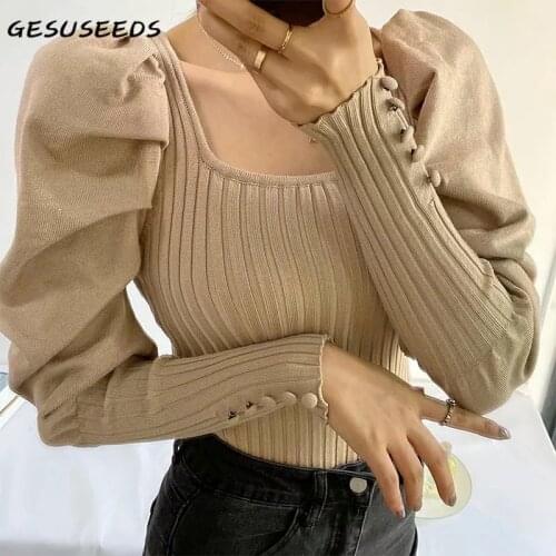 Autumn bodysuit women sexy bodysuit vintage puff sleeve rompers square neck bodycon jumpsuit brown knitted bodysuit elastic