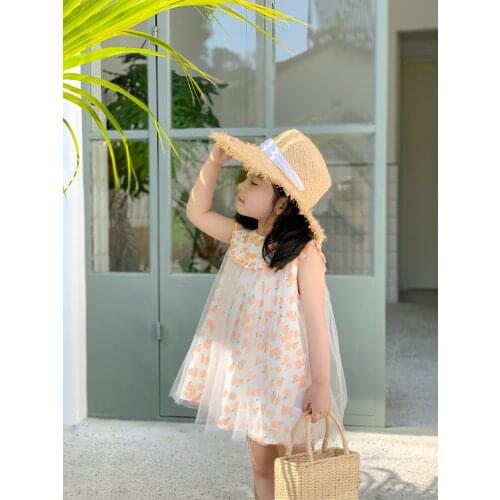 2021 Summer Lovely Girls' Multi-layer Orange Printed Princess Dress Sleeveless Ruffled Collar Tulle Dress