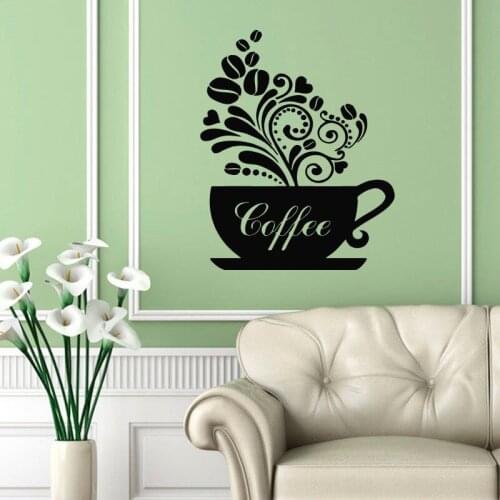 Wall Decals Cup of Steamy Coffee Floral Style Kitchen Cafe Vinyl Decal Sticker Home Interior Design Art Mural Decor