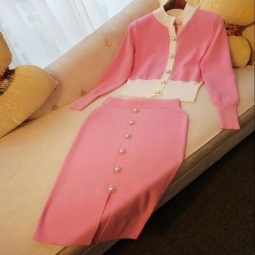 Autumn Women Knit Suits Deep V-neck Sweater + pencil Skirt Set for Office Lady Dots Sweater Long Skirt Set Suit