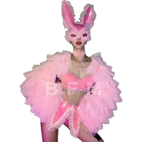 Bar Nightclub Women Dance Team Sexy Stage Wear Festival Rave Outfits Pink Bikini Shawl Rabbit Mask Set DJ Show Gogo Costume