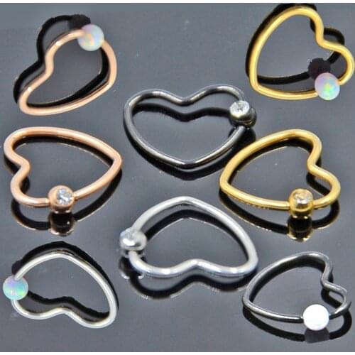 BOG-1PC Surgical Steel Heart Shape Fire Opal&Clear Gem Ear Daith Helix Cartilage Piercing Ear Tragus Captive Bead Ring16g