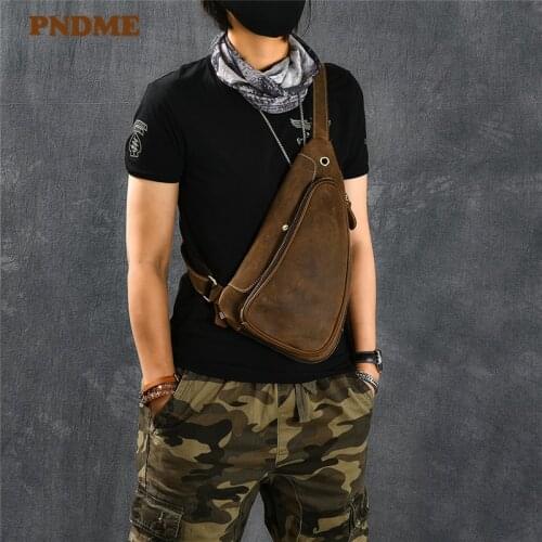 Casual vintage genuine leather mens small chest bag fashion design natural crazy horse cowhide daily sport USB crossbody bag
