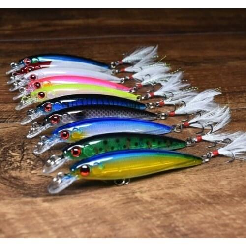 1Pcs Laser 3D Eyes Bionic Minnow Fishing Lure 90mm 7g Artificial Hard Bait with Feather Treble Hook Fishing Bait