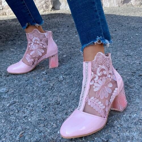 Spring Fashion Women Shoes Ankle Boots Rhinestone Thick Heel Mesh Short Boot Square Heel Comfort Lady Crystal Shoes Black/pink
