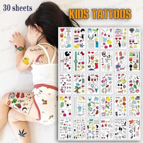 Kids Tattoo Stickers Temporary Body Makeup Waterproof Fake Tattoo Cute Cartoon 30 Sheets Rainbow Small Sticker for Girl and Boy
