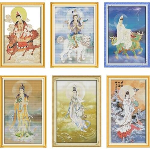 Cross Stitch Embroidery Needlework Kits Kwan-yin and Mythical Beast Stamped 11CT 14CT Print Counted Thread Patterns Crafts Decor