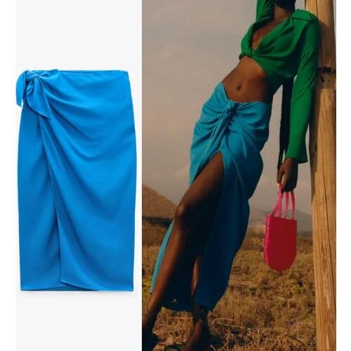 ZA 2021 Blue Wrap Midi Summer Skirt Women Vintage High Waist Sarong Skirts Fashion Side Knotted Slit Ruched Female Skirt Mujer