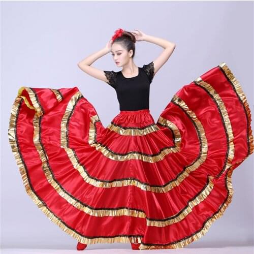 Woman Spanish Flamenco Dress Gypsy Skirt Polyester Satin Smooth Big Swing Carnival Party Ballroom Belly Dance Costumes Dress
