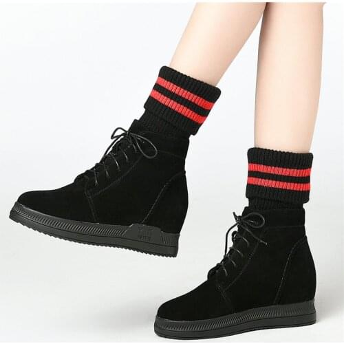 Goth Trainers Women Genuine Leather Wedges High Heel Ankle Boots High Top Winter Warm Platform Pumps Round Toe Knitting Sneakers