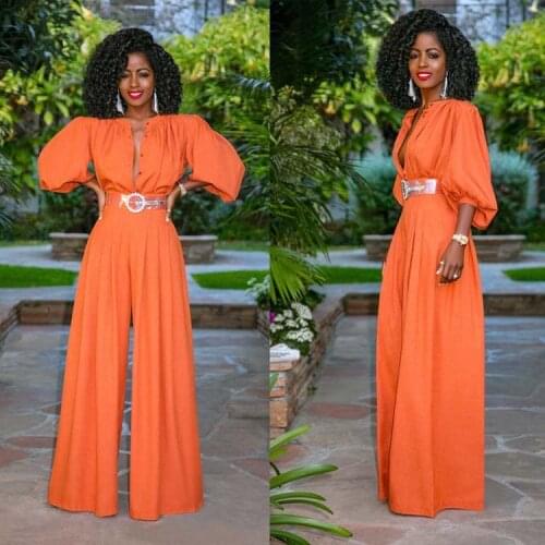 FNOCE Cross-border Foreign Trade Womens jumpsuit Single-breasted Loose Casual Pants Pure Color Pile Sleeve Jumpsuit Women