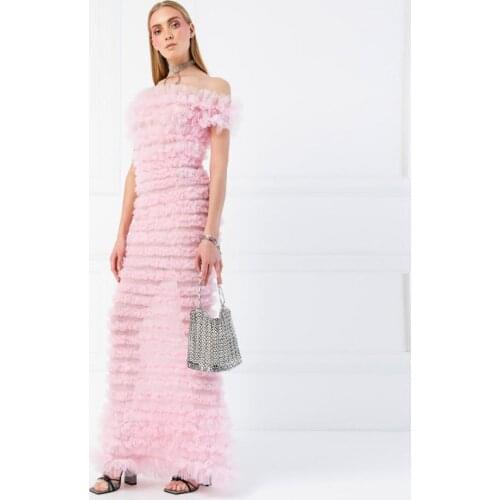 New Arrival Pink Full Pleated Tulle Dresses Women Mermaid Off The Shoulder Prom Grown Elegant Long Dress For Party Custom Made